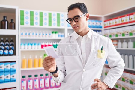 Téléchargez les photos : Jeune homme hispanique pharmacien lecture prescription à la pharmacie - en image libre de droit