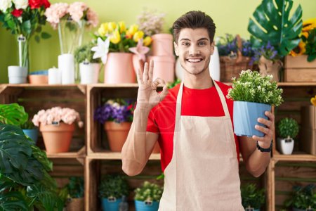 Foto de Joven hombre hispano trabajando en floristería sosteniendo planta haciendo ok signo con los dedos, sonriendo gesto amistoso excelente símbolo - Imagen libre de derechos
