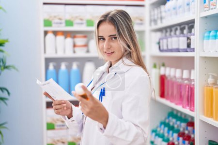 Photo for Young blonde woman pharmacist holding pills bottle reading prescription at pharmacy - Royalty Free Image