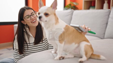 Téléchargez les photos : Jeune femme hispanique avec chihuahua chien assis sur le sol brossant les poils de chien à la maison - en image libre de droit