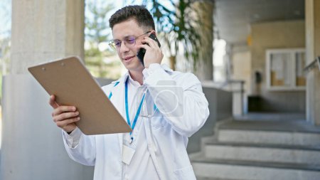 Téléchargez les photos : Jeune homme hispanique médecin parlant sur smartphone document de lecture à l'hôpital - en image libre de droit
