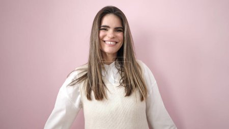Photo for Young beautiful hispanic woman smiling confident over isolated pink background - Royalty Free Image