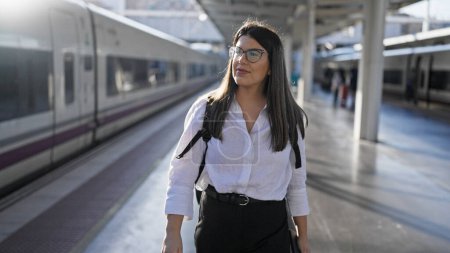 Foto de Joven mujer hispana hermosa caminando por el ferrocarril en la estación de tren - Imagen libre de derechos