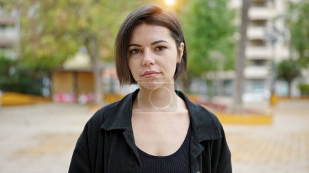 Young caucasian woman standing with serious expression at park