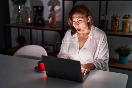 Téléchargez les photos : Femme hispanique du Moyen Age utilisant un ordinateur portable à la maison la nuit effrayée et choquée par l'expression surprise, la peur et le visage excité. - en image libre de droit