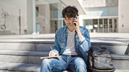 Photo for Young hispanic man student talking on smartphone writing on notebook at university - Royalty Free Image