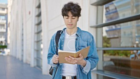 Téléchargez les photos : Jeune homme hispanique étudiant lecture livre debout à l'université - en image libre de droit