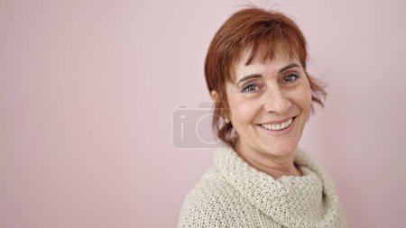 Photo for Mature hispanic woman smiling confident over isolated pink background - Royalty Free Image