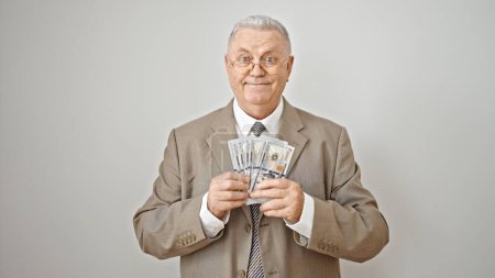 Photo for Middle age grey-haired man business worker holding dollars smiling over isolated white background - Royalty Free Image