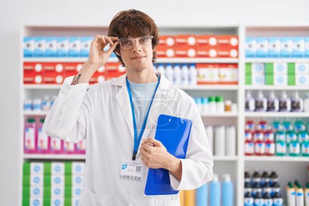 Téléchargez les photos : Jeune homme blond pharmacien souriant confiant tenant presse-papiers à la pharmacie - en image libre de droit