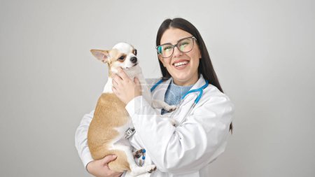 Photo for Young hispanic woman with chihuahua dog veterinarian smiling holding dog over isolated white background - Royalty Free Image