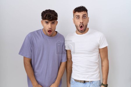 Téléchargez les photos : Homosexuel gay couple debout sur blanc fond peur et choqué avec surprise et étonné expression peur et excité visage. - en image libre de droit