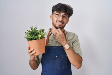 Téléchargez les photos : Homme arabe avec barbe tenant pot de plante verte pensant inquiet d'une question, préoccupé et nerveux avec la main sur le menton - en image libre de droit