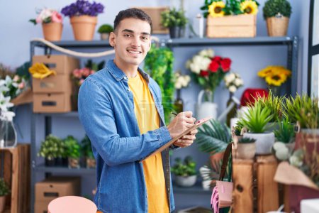 Photo for Young hispanic man florist smiling confident writing on document at florist store - Royalty Free Image