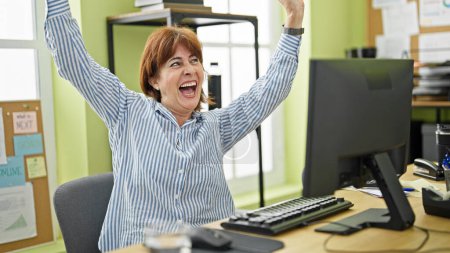 Foto de Trabajadora de negocios de mediana edad usando computadora con gesto ganador en la oficina - Imagen libre de derechos