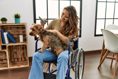 Téléchargez les photos : Jeune belle femme hispanique peigner les cheveux de chien assis sur fauteuil roulant à la maison - en image libre de droit