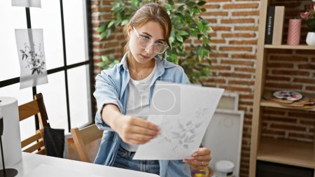 Photo for Young woman artist drawing on paper looking draw at art studio - Royalty Free Image