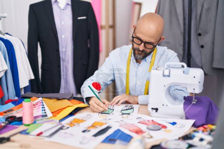 Téléchargez les photos : Jeune homme chauve dessin sur mesure conception de vêtements chez le tailleur - en image libre de droit