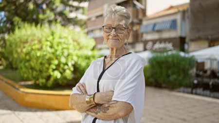 Téléchargez les photos : Femme âgée aux cheveux gris et confiante, souriante, debout dans un parc ensoleillé, bras croisés, vivant un style de vie amusant et mature, profitant joyeusement du vert de la nature - en image libre de droit