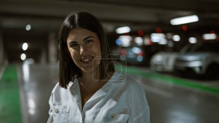 Photo for Young beautiful hispanic woman standing smiling at parking lot - Royalty Free Image