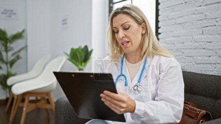 Photo for Young blonde woman doctor writing medical report at the clinic - Royalty Free Image