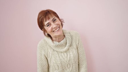 Photo for Mature hispanic woman smiling confident over isolated pink background - Royalty Free Image
