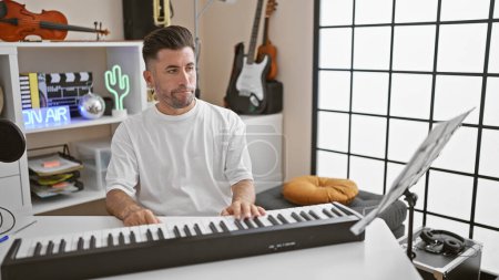 Photo for Handsome young hispanic man, a talented musician, fully engrossed in his music, fingers dancing over the piano keys, passionately playing a melody while looking at music sheets in a music studio - Royalty Free Image