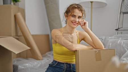 Photo for Young woman smiling confident sitting on sofa at new home - Royalty Free Image