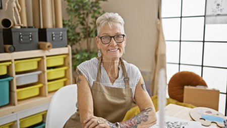 Téléchargez les photos : Femme artiste sénior aux cheveux gris rayonnante assise à table, peignant en toute confiance dans une classe de studio d'art bourdonnante - en image libre de droit