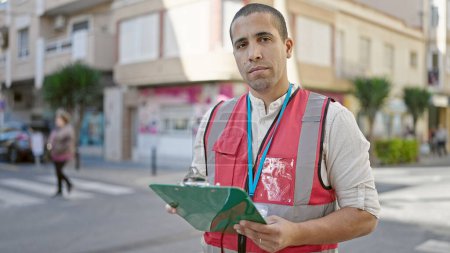Téléchargez les photos : Jeune homme hispanique bénévole tenant presse-papiers à la rue - en image libre de droit
