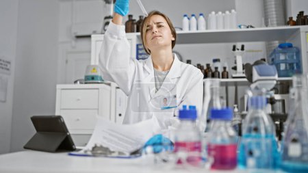 Photo for Attractive young blonde woman scientist, immersed in vital medical research, meticulously measuring liquid in a test tube, wrapped in the safety of her gloves, in the bustling heart of a laboratory - Royalty Free Image