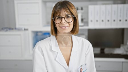 Photo for Happy young hispanic woman scientist, sitting confidently at lab table, immersed in exciting medical research in a bustling indoor science center. her smile radiates beauty and professional passion. - Royalty Free Image