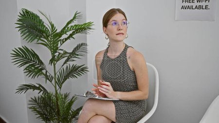 Téléchargez les photos : Jeune femme blonde assise sur une chaise avec une expression nerveuse dans la salle d'attente - en image libre de droit