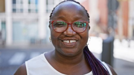 Photo for Confident african american woman standing on urban street, radiating joy and positivity, her contagious laughter spreading happiness. her braids bouncing, glasses glinting, truly loving life. - Royalty Free Image