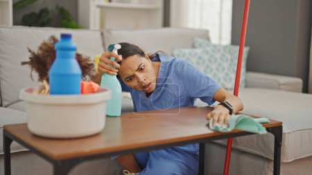 Téléchargez les photos : Femme afro-américaine nettoyage professionnel table de nettoyage à la maison - en image libre de droit