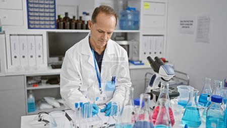 Photo for Serious middle age hispanic man scientist diligently writing professional report at his laboratory workstation, immersed in science discovery. - Royalty Free Image