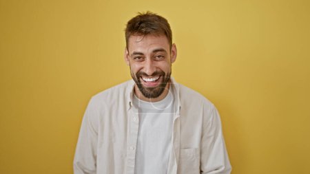 Téléchargez les photos : Joyeux jeune homme hispanique à la barbe, riant beaucoup avec confiance d'une manière élégante et décontractée, debout sur un fond jaune isolé, profitant des expressions vives de la vie. - en image libre de droit