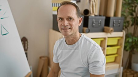 Foto de Confiado artista masculino de mediana edad, felizmente sentado en una silla de estudio, disfrutando de su pasatiempo de pintura sonriente entre pinceles y lienzos. - Imagen libre de derechos