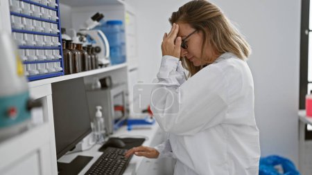 Foto de Mujer rubia joven agotada científica sintiendo el estrés de trabajar en su computadora en un laboratorio - Imagen libre de derechos