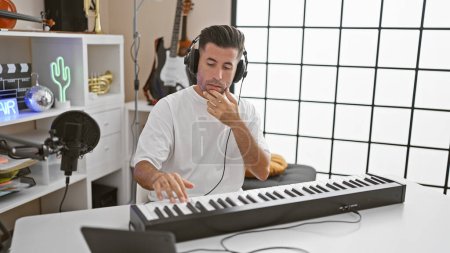Foto de Atractivo joven hispano, un músico talentoso, sumergiéndose en la melodía, tocando apasionadamente el piano acústico con auriculares en un animado estudio de música, en el interior. - Imagen libre de derechos