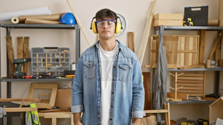 Foto de Joven hispano de rostro serio, un carpintero experto, con gafas y auriculares, de pie relajado en su taller de carpintería, en medio de madera y muebles de equipo de construcción. - Imagen libre de derechos