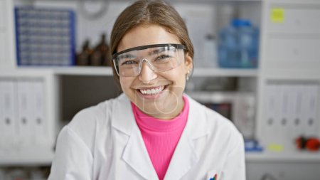 Photo for Charming young hispanic woman scientist, beaming with confidence and beauty, working in the lab, wearing safety glasses for optimum security. - Royalty Free Image