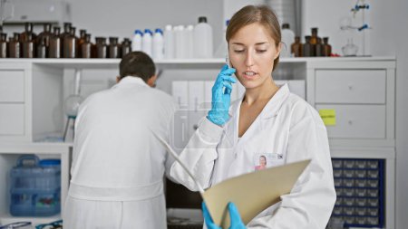 Photo for In the heart of science, two devoted lab mates, man and woman scientists, deep in conversation on smartphone, reading document together amidst laboratory analysis and research - Royalty Free Image