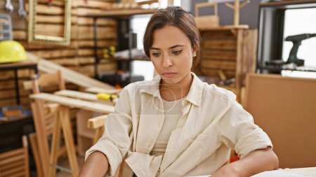 Pensativo joven hermosa mujer hispana carpintero sentado en la mesa de carpintería, totalmente inmerso en el mundo de la carpintería