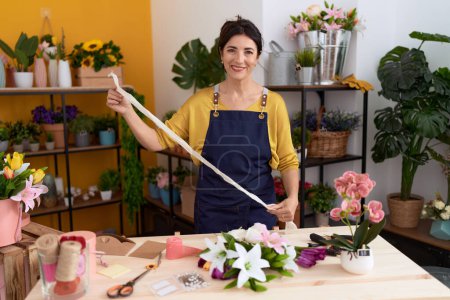 Téléchargez les photos : Moyen Age hispanique femme fleuriste souriant confiant tenant dentelle cadeau à la boutique de fleurs - en image libre de droit