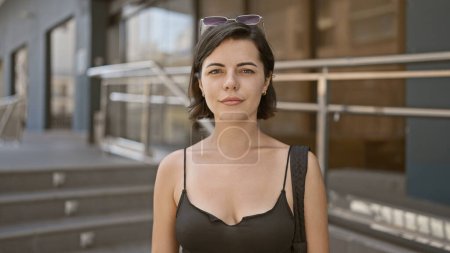 Photo for Portrait of a relaxed young hispanic woman with cool short hair and sunglasses, standing on a sunny urban street, expressing her beautiful lifestyle outdoors - Royalty Free Image