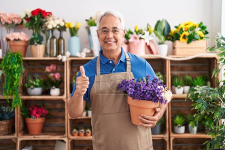 Foto de Hombre de mediana edad con pelo gris trabajando en floristería sosteniendo planta sonriendo feliz y positivo, pulgar hacia arriba haciendo excelente y signo de aprobación - Imagen libre de derechos