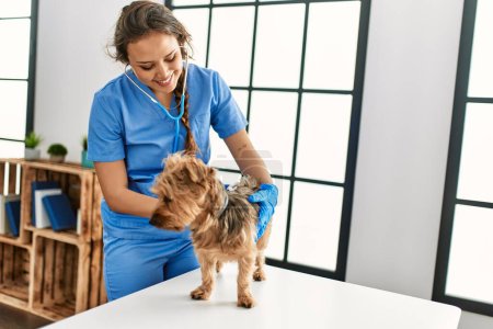 Photo for Young beautiful hispanic woman veterinarian examining dog with stethoscope at home - Royalty Free Image