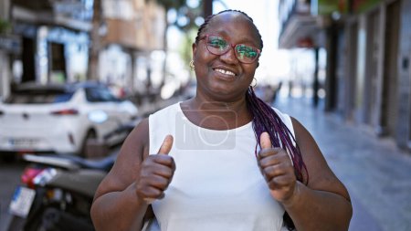 Téléchargez les photos : Joyeuse, confiante femme afro-américaine clignotant un plaisir, approuvant pouce vers le haut signe sur une rue ensoleillée de la ville, ses lunettes fraîches brillant. - en image libre de droit