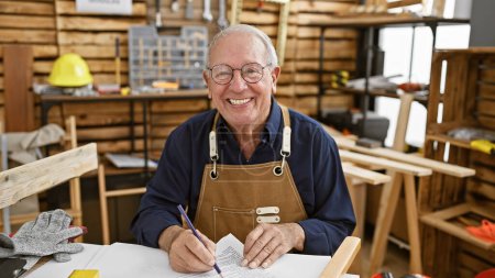 Photo for Smiling white-haired senior man, a professional carpenter, confidently taking notes at carpentry table in a workshop, timber flying, surrounded by tools, woodwork projects and furniture elements. - Royalty Free Image